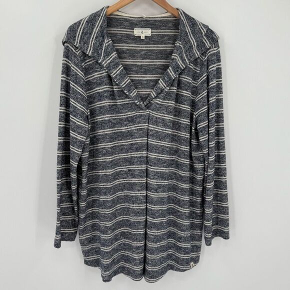 Lou & Grey Striped Hoodie Tunic Top Blue White Soft Knit Women XL Relaxed Fit - Picture 1 of 5